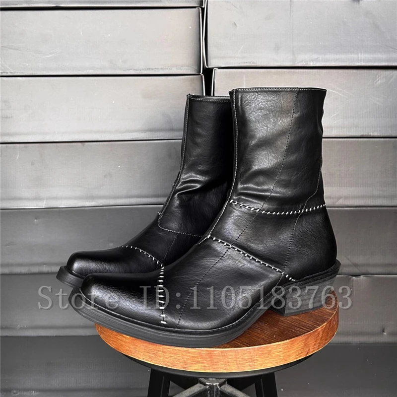 

Men New Pointed Toe Chelsea Ankle Boots Brand Design Black Leather Thick Heels Cowboy Boots Fashionable Casual Shoes