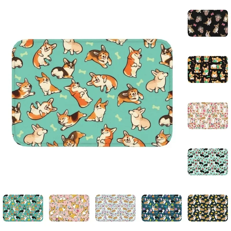 Jolly Corgis In Green Doormat Non-Slip Entrance Kitchen Bath Floor Door Mat Pembroke Welsh Corgi Dog Bedroom Rug Toilet Carpet