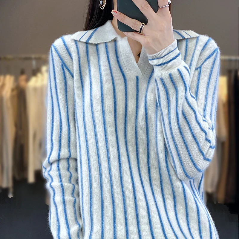 100% Merino Wool Sweater Women\'s Pullover Autumn Winter Most Trend Women\'s Clothing Fashion Classic Striped Knit POLO Neck Top