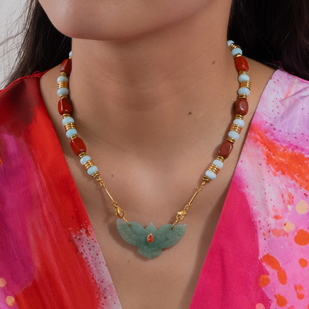Green Aventurine Yellow Jade Watermelon Crystal Angel Eagle Inlaid Zircon Beaded Stone Jade Stainless Steel Necklace for Women