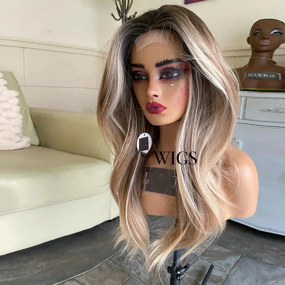 Pre plucked Synthetic Lace Front Wig Balayage Blonde Brown Wig Highlights Soft Straight Wigs For Women Heat Resistant Fibre