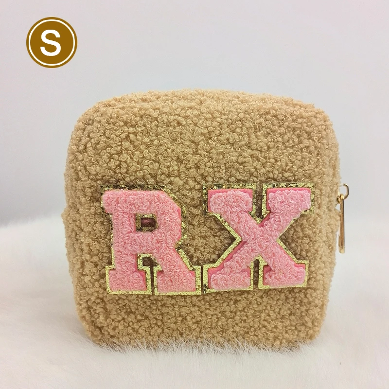 4Size Teddy Lamb Wool Cosmetic Bag Pouch Letter Patches Custom Travel “Stuff“ Bag Crystal Velvet Makeup Bag Party Gifts