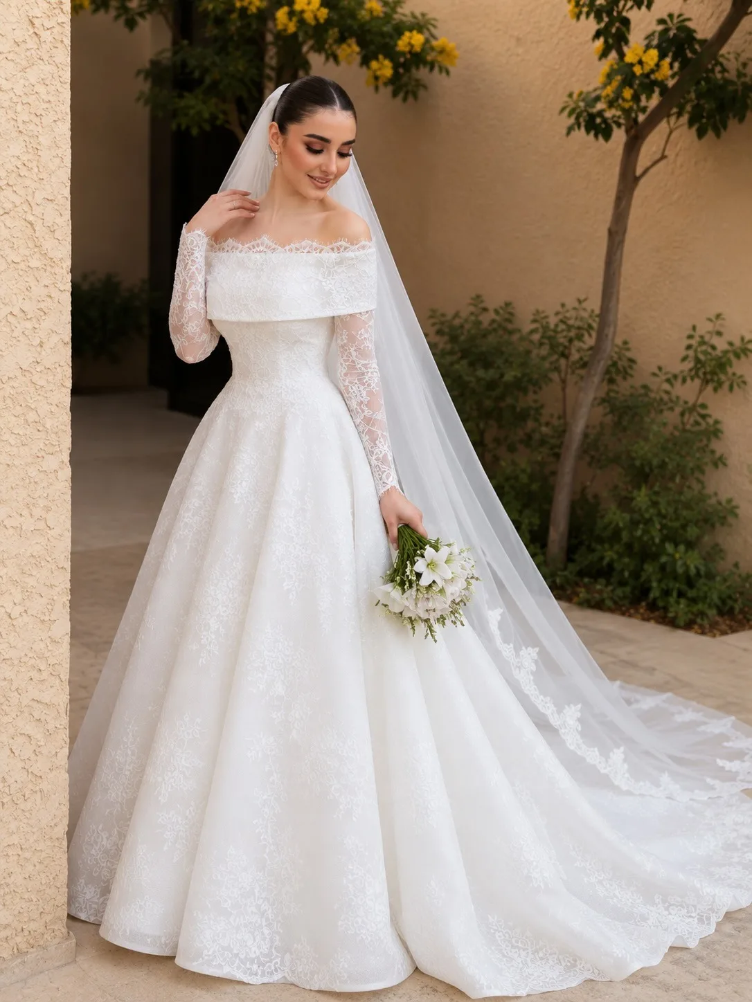 Ciynsia Vestido De Noiva 2027 Modest Lace Wedding Dresses for Bride Customized A-Line Full Sleeves Bridal Gown with Veils