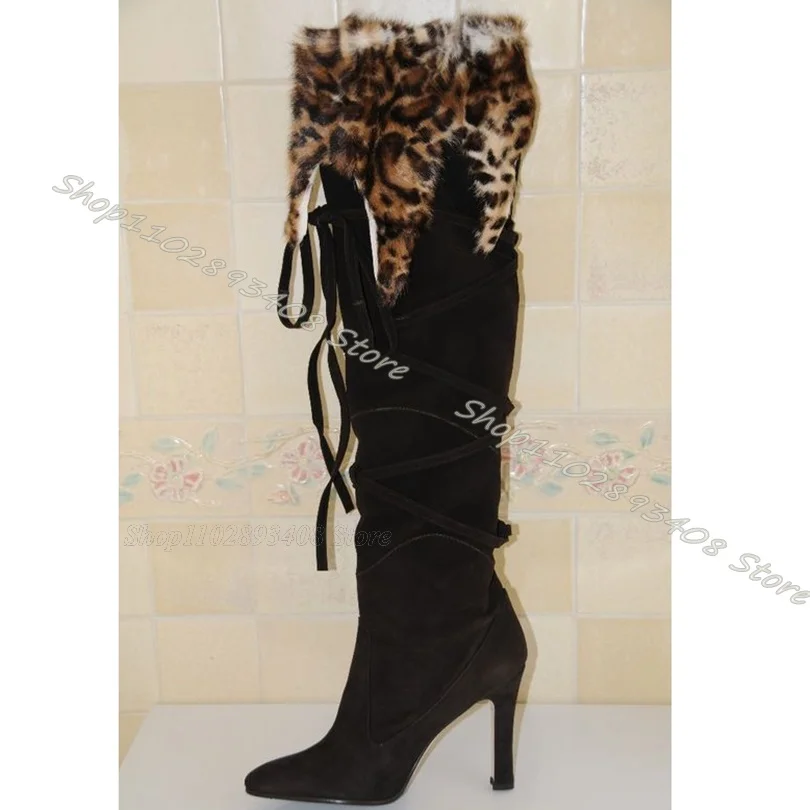 

Black Fur Decor Ankle Strap Boots Pointed Toe Stiletto Heels Women Shoes Winter British Style Party Boots Zapatos Para Mujere