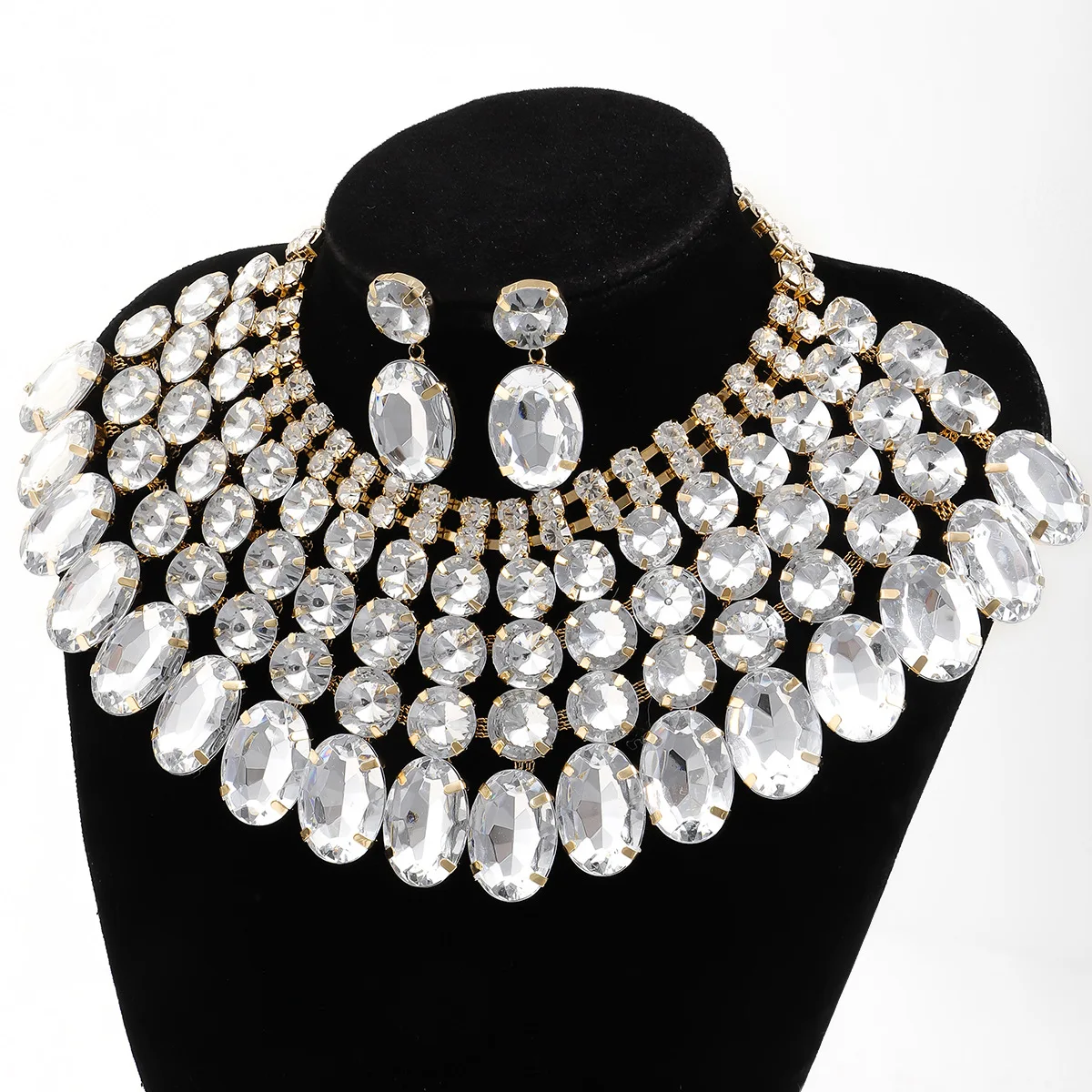 Advanced luxury shiny multi-layer rhinestone earrings necklace set fashion exquisite women\'s banquet evening gown accessories