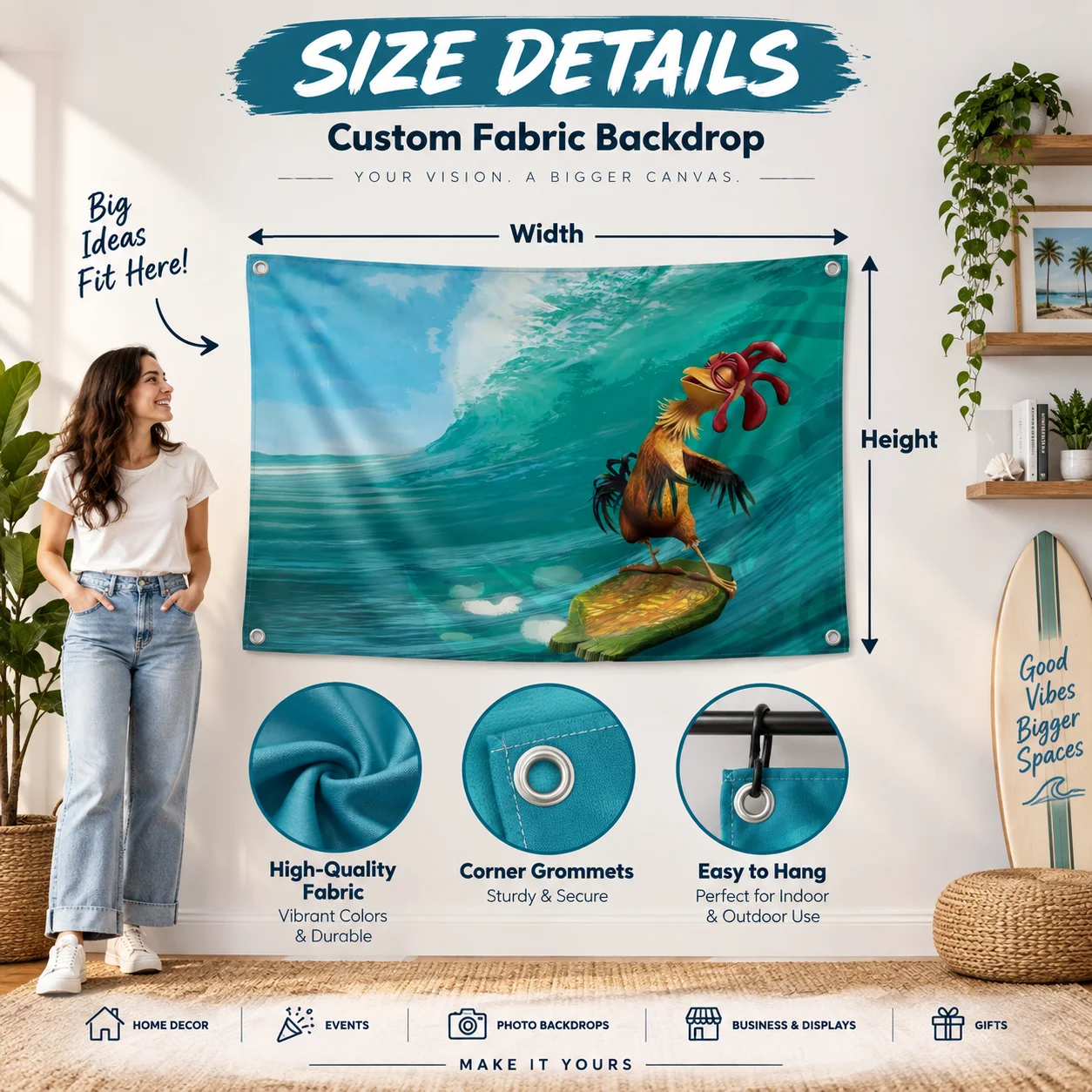 A customizable DIY photo backdrop to set the mood—perfect for living rooms, bedrooms, offices, cars, and outdoor trips—suitable