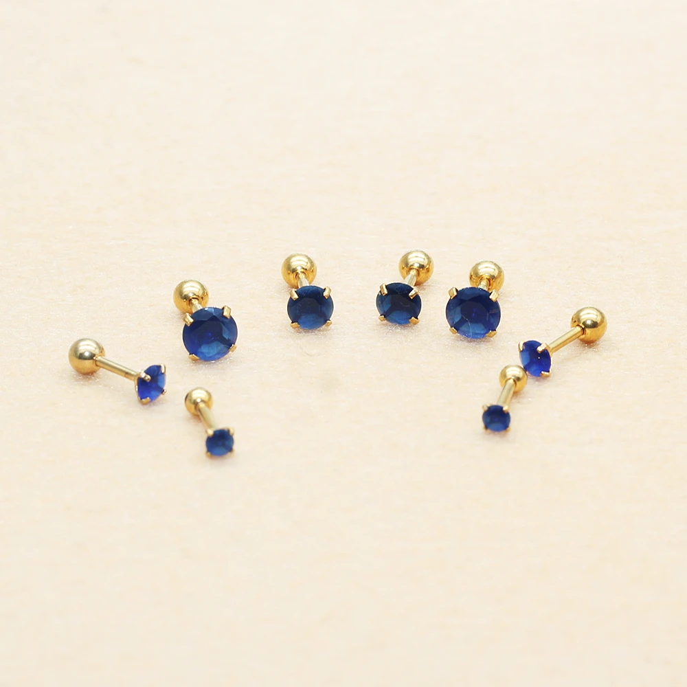 Trendy 2025 Stainless Steel Vintage Blue Round Glass Earring Posts 1.2*6mm Hypoallergenic Jewelry Sensitive Ears Gold Color