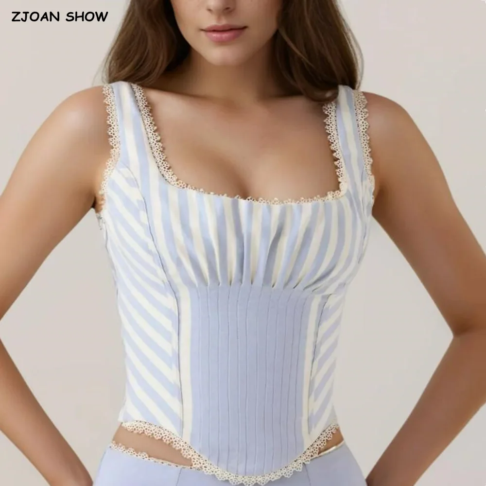 

2025 Summer Sexy White Blue Striped Spliced Lace Corset Camis Women Cross Lacing Up Bandage Bow Back Tank Top Slim Fit Vest Tee