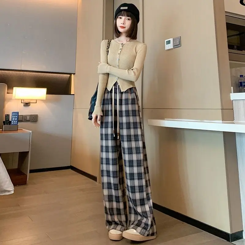 2023 New Casual Women's Clothing Printing Plaid Straight Fashion Loose High Waist Wide Leg Pant Lacing Preppy Style Drawstring