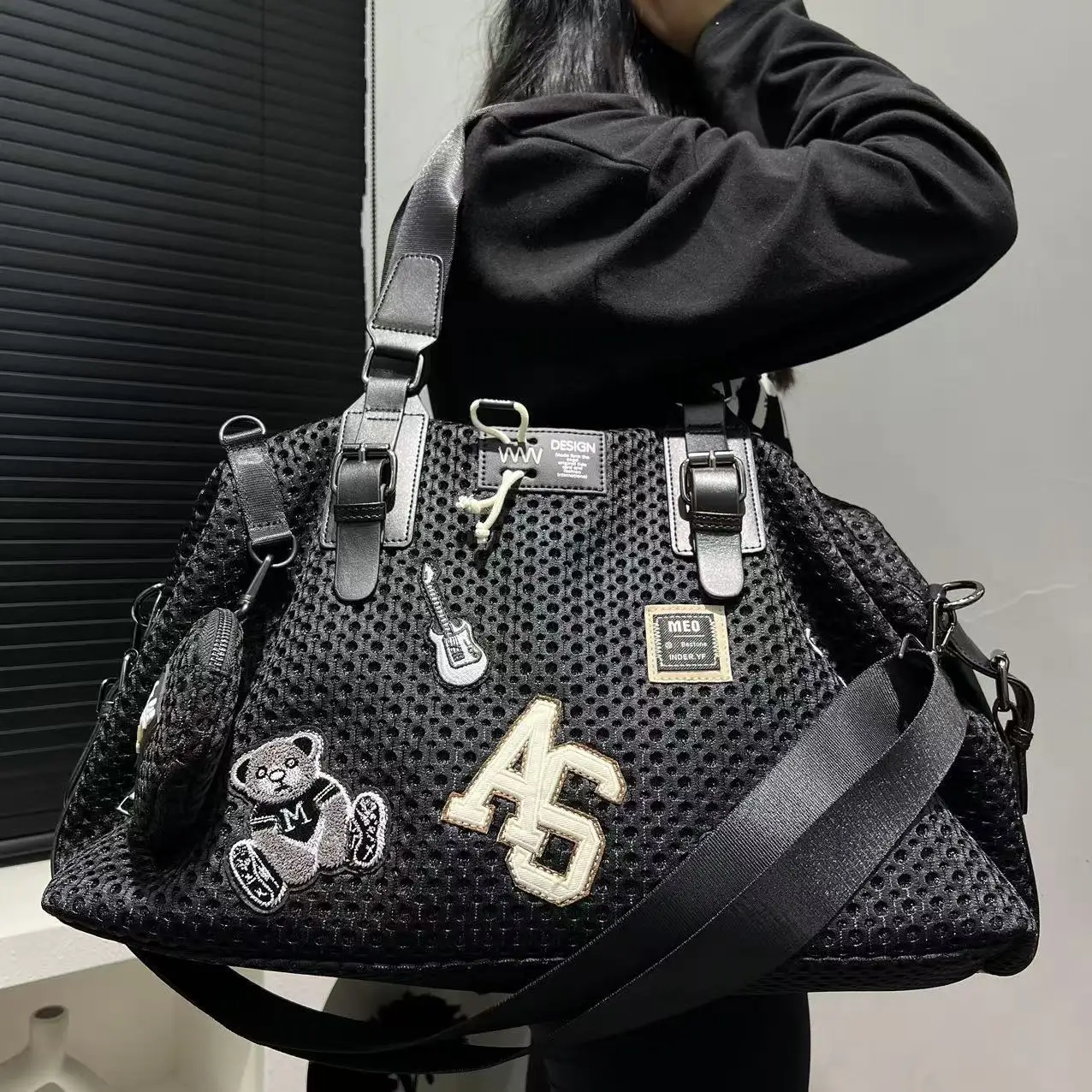 

Женская большая вместительная нейлоновая сетчатая лоскутная сумка на плечо, модная повседневная дорожная сумка-тоут для женщин