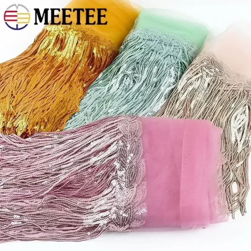 1/2/3Yards Meetee 20cm Sequin Fringe Tassel Lace Trim Glitter Ribbon DIY Dance Performance Clothing Decoration Sewing Material