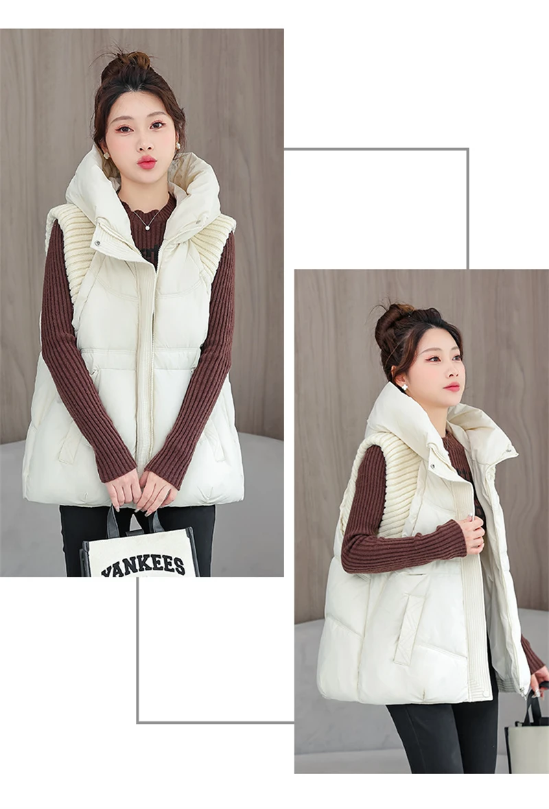 A-word Vest Down Cotton Padded Jackets Short Waistcoat Mid-Length Slim Hooded Autumn Winter Jackets Solid Women's Coats Trend