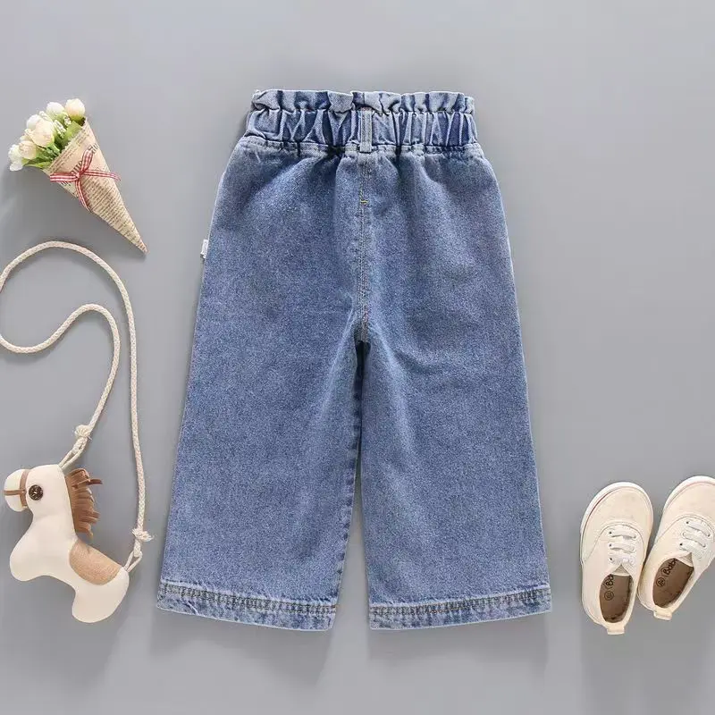 2025 Spring and Autumn Girls Versatile Fashion Solid Color Denim Wide Leg Pants/Casual Pants 1-6 Years Old