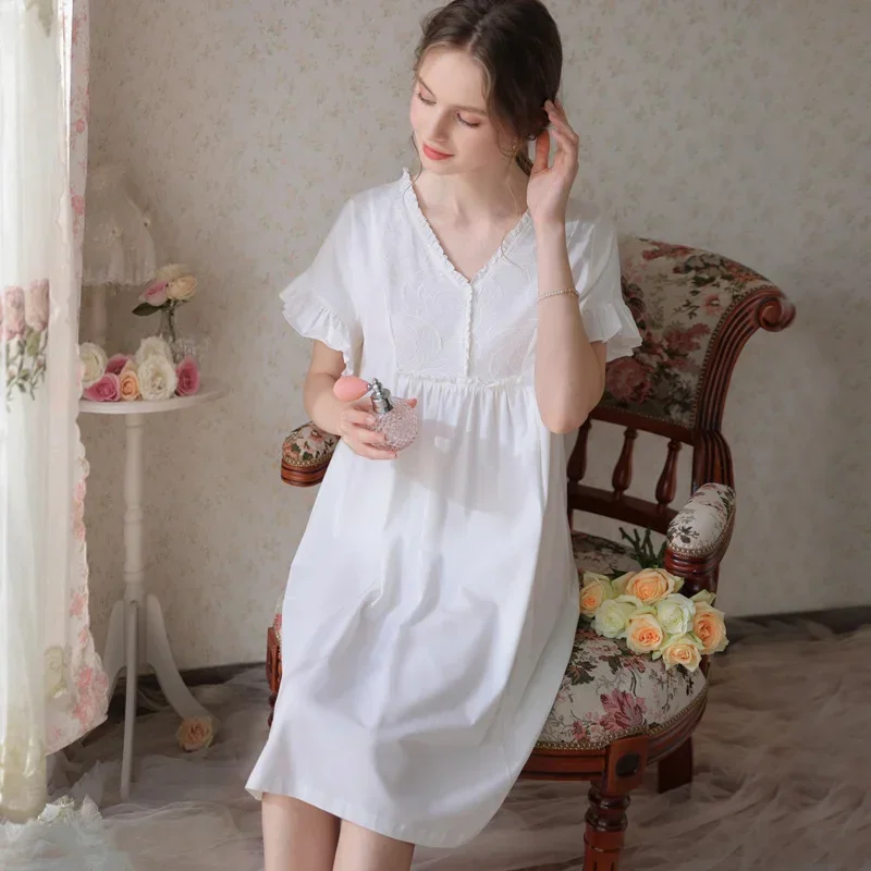 Robe Cute Vintage Short Nightgown Women Cotton Sleepwear Princess Nigthwear Ruffle Sleeve Kawaii Nighty Summer Sweet Night Dress