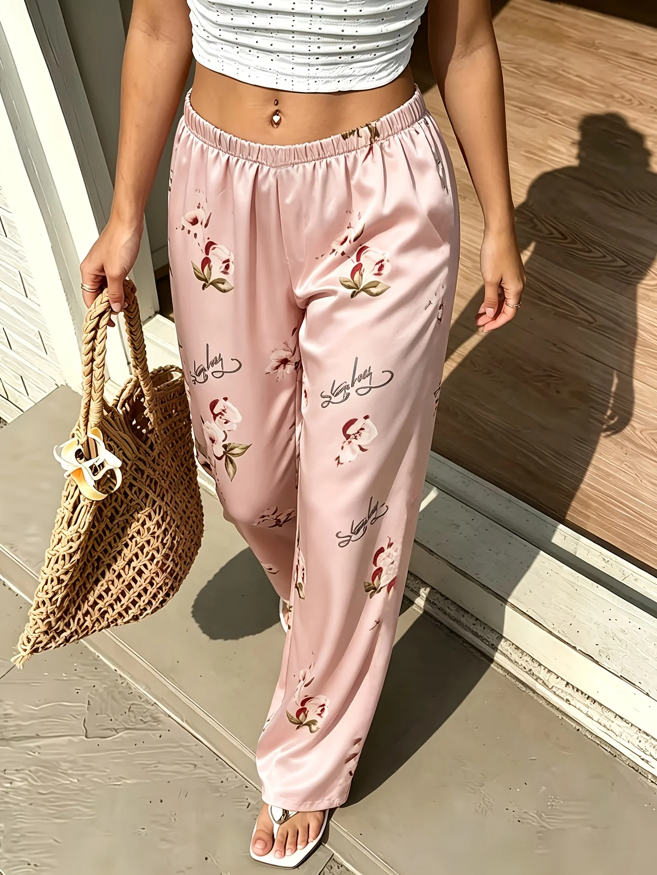 1 Piece Sweet Pink Floral Print Satin Pants for Women, Versatile for Wearing Outside, Summer Thin Straight-Leg Pants, Loose Fit, Slimming Long Pants, Suitable for Daily Shopping or Casual Wear