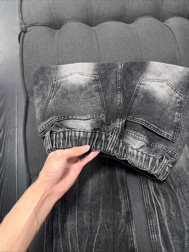 Mens Jeans Harajuku American Streetwear Clean Fit Washed Black Lightning Pattern Denim Pants Slim Micro Flared Autumn Winter New