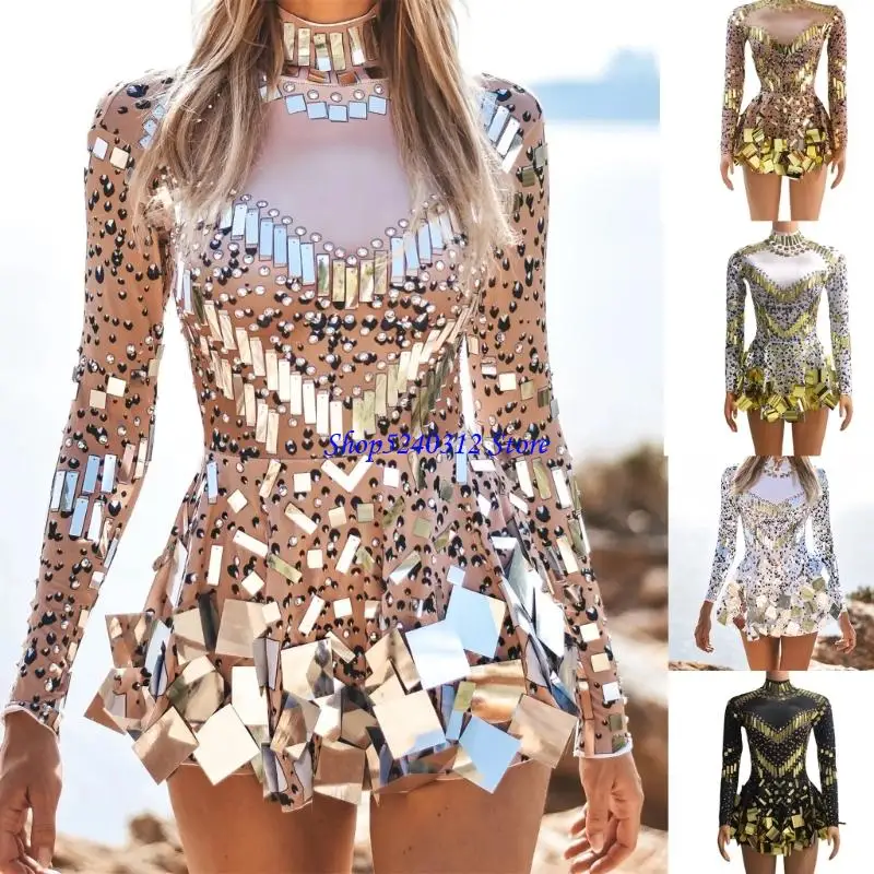 634C Mody Mirror Searowe imprezowe sukienka taneczna długie rękaw Drag Queen Costume Rave Festival Night Out Stroje Krótka
