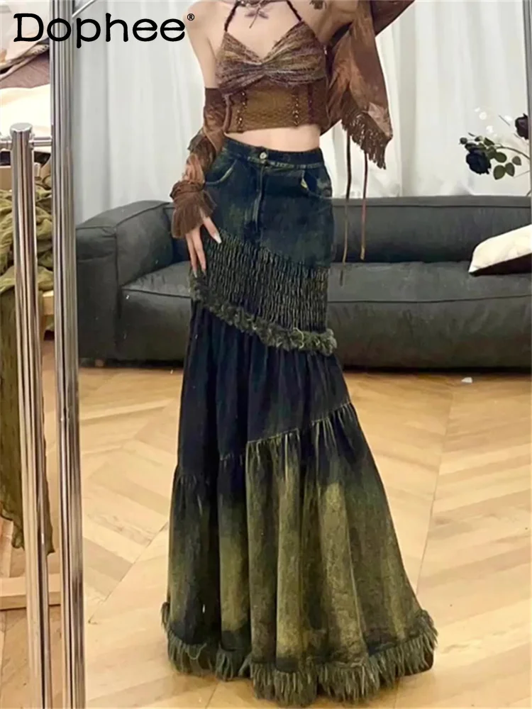 

Hot Girl Style Heavy-Duty Stitching Fishtail Skirt Spring and Autumn New Chic High Waist Sheath Long Denim Skirt for Women