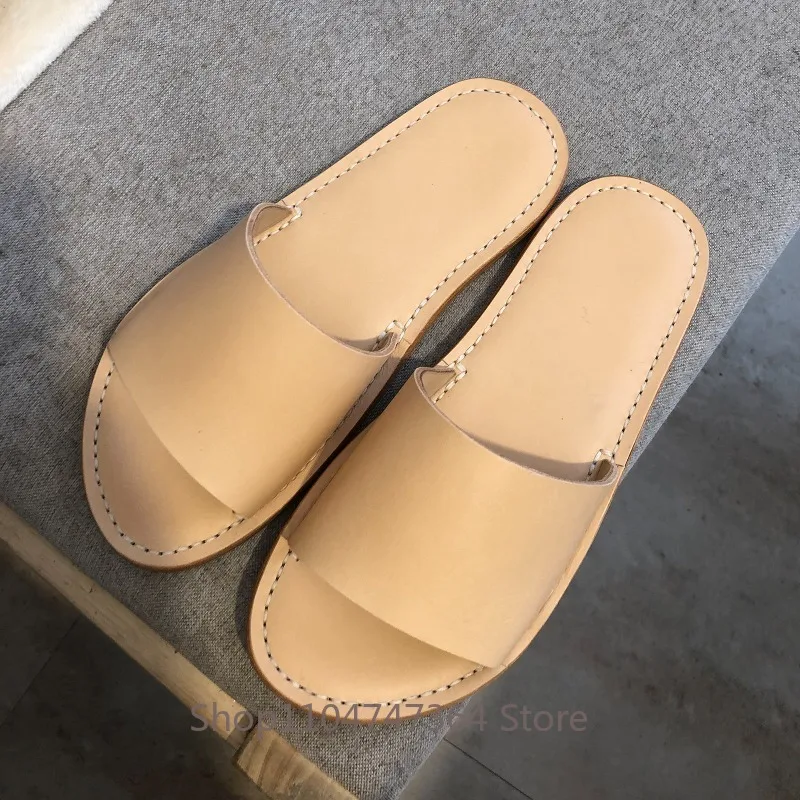 Handmade Sewing Slippers Men's Shoes Genuine Leather Concise Fashion Slip on Open Toe Casual Flat Sole Summer Sandals Male