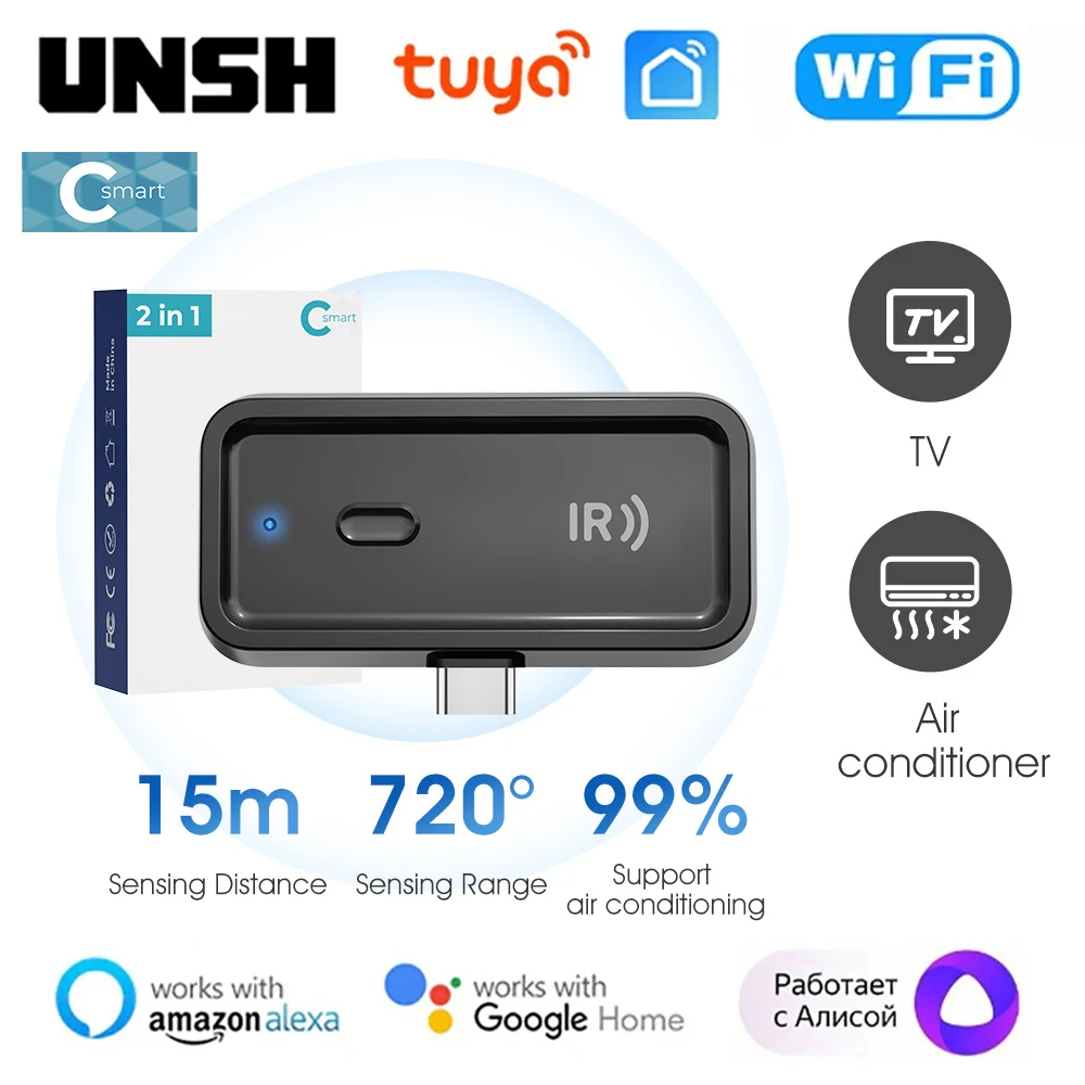 Type-C Tuya IR WiFi Smart Remote Control 15M 720° Universal Smart Life Control For TV DVD AUD Via Alexa Google Home Yandex Alice