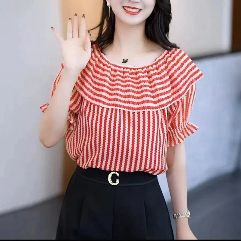 Summer Women\'s Clothing Pullover Ruffled Neck Chiffon Short Sleeve Contrast Color Striped Elegant T-shirt Casual Trendy Tops