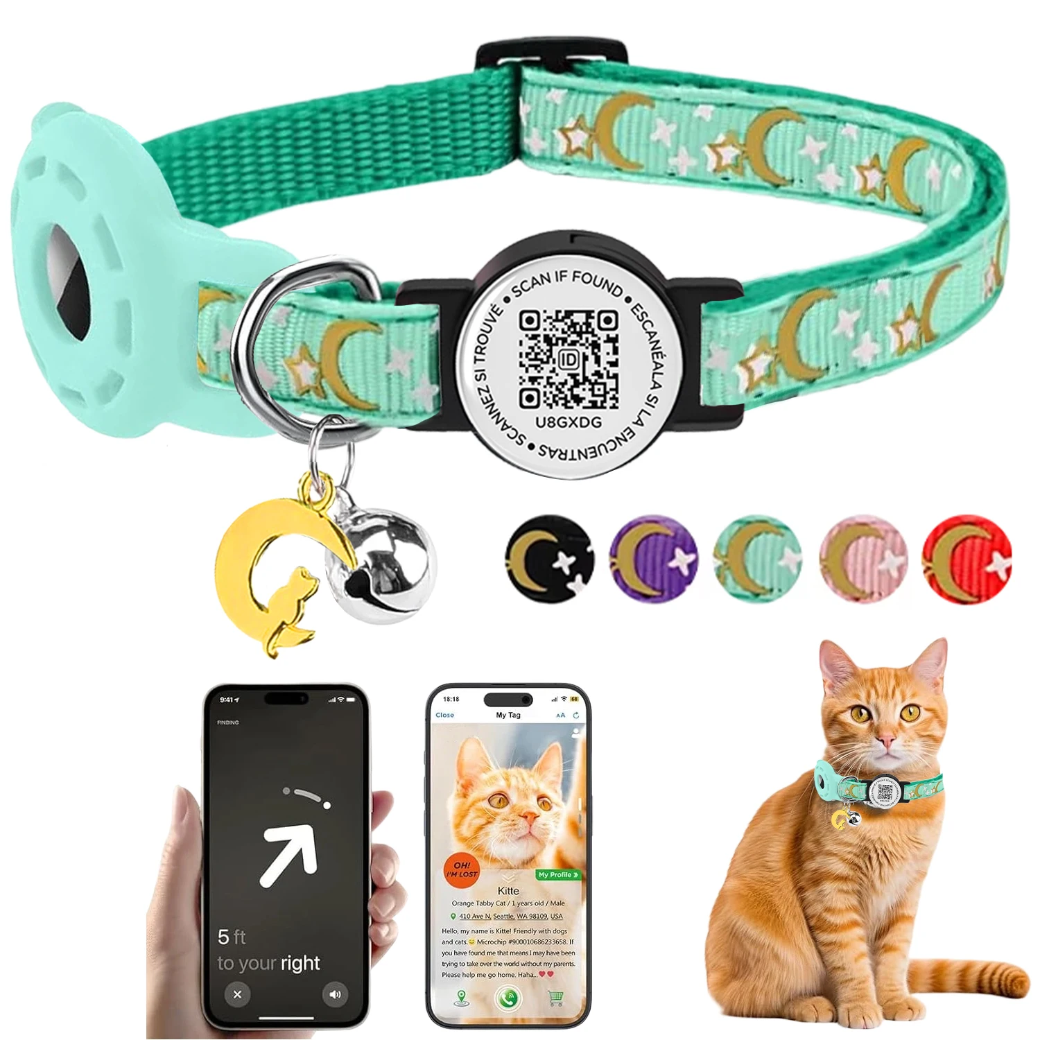 AirTag Cat Collar Breakaway with Bells, Glow Anti-Lost Kitten Collar with Airtag Holder for Apple Tag, with Pet QR Code Name Tag