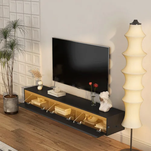 

#Floating Floor Mount TV Stand TV Table With LED Lights Power Outlet High Gloss Black Wood Adjustable Storage For 65 Living Room