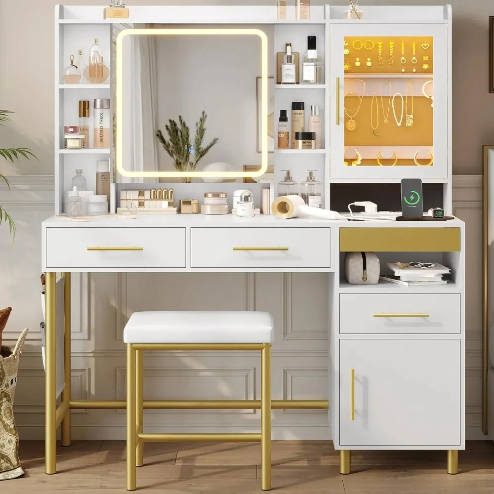 

Makeup Vanity with Lights and Jewelry Cabinet, Vanity Desk with Mirror and Lights, White Vanity Table with Charging Station