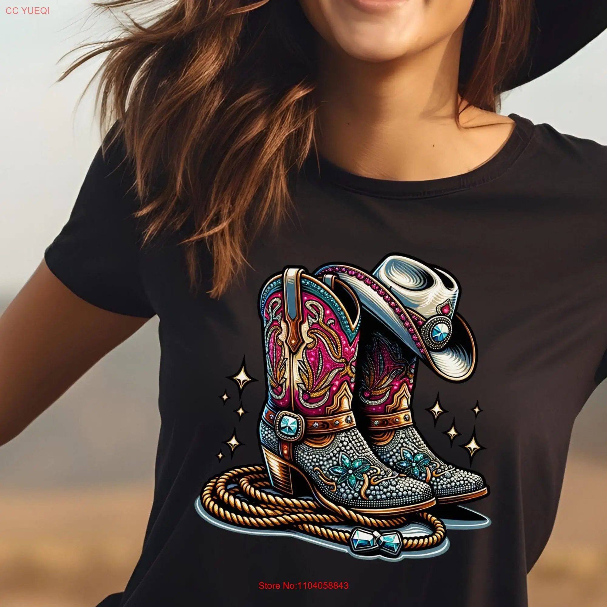 Rhinestone Bejeweled Cowgirl with Lasso and Hat Western Themed Women's T Shirt adorned Bling long or short sleeves