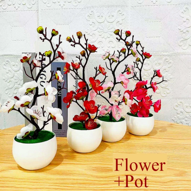 2Pcs Artificial Plum Blossom Bonsai Potted Plant Simulation Sakura Flower Tabletop Ornament Home Office Desktop Decor Gift