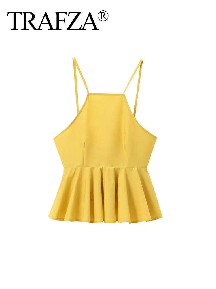 TRAFZA 2024 Summer Elegant Camisole Poplin Solid Yellow Off-shoulder Trendy Sleeveless Ruffle Halterneck Gentle Tank For Women