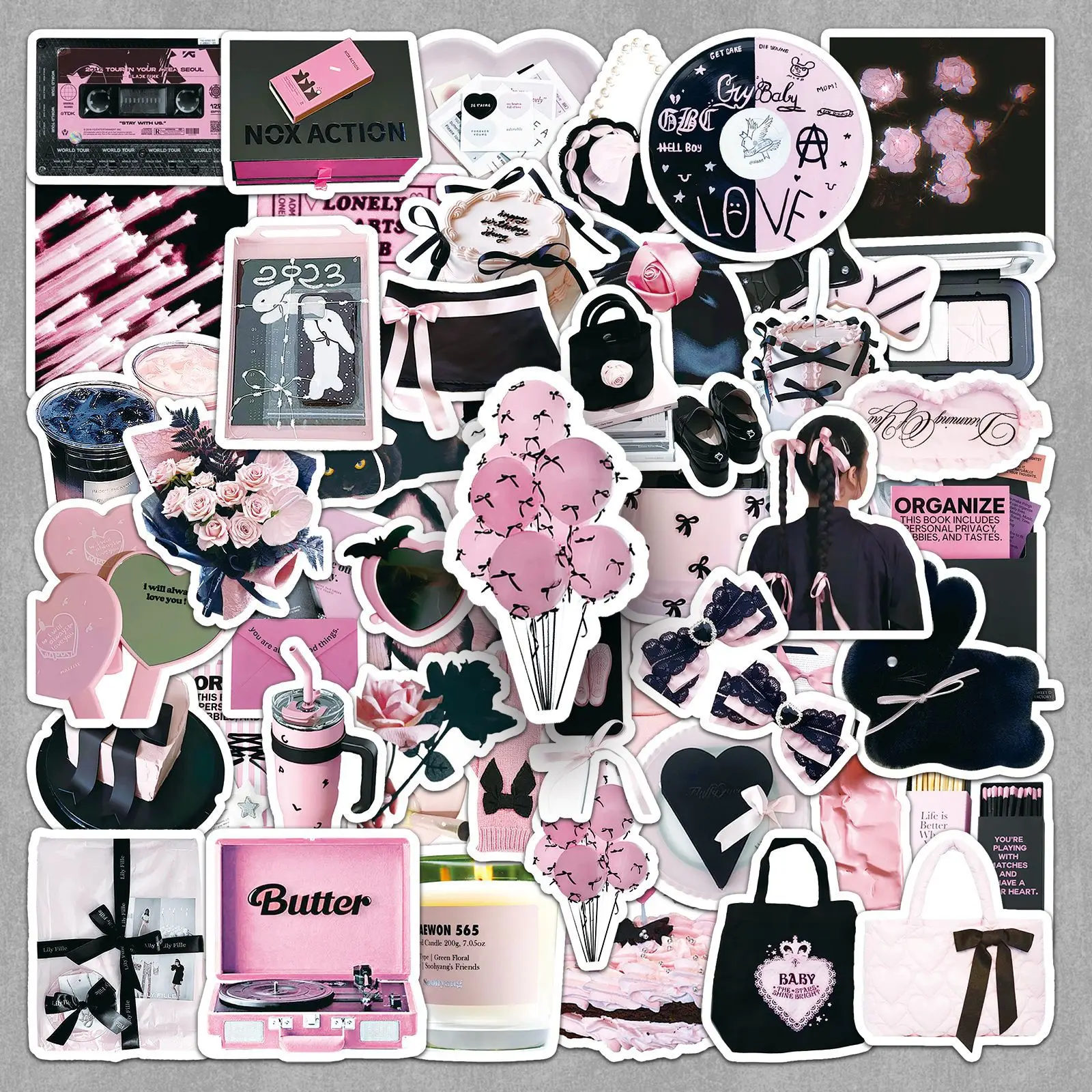 

52 PCS Black Pink Cartoon Cute Sweet Cool Girl Heart DIY Decoration Guka Phone Case Notebook Luggage Waterproof Stickers