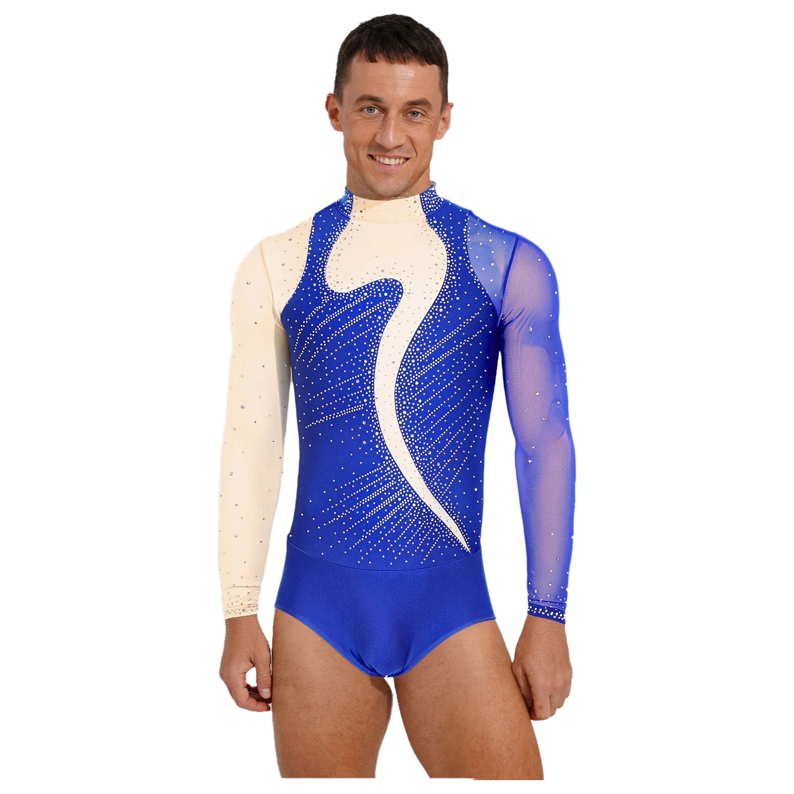 Männer Eiskunstlauf Leistung Trikot Strass Stretch Mesh Zurück Zipper Gymnastic Overall Lyrical Ballett Latin Dance Kostüm