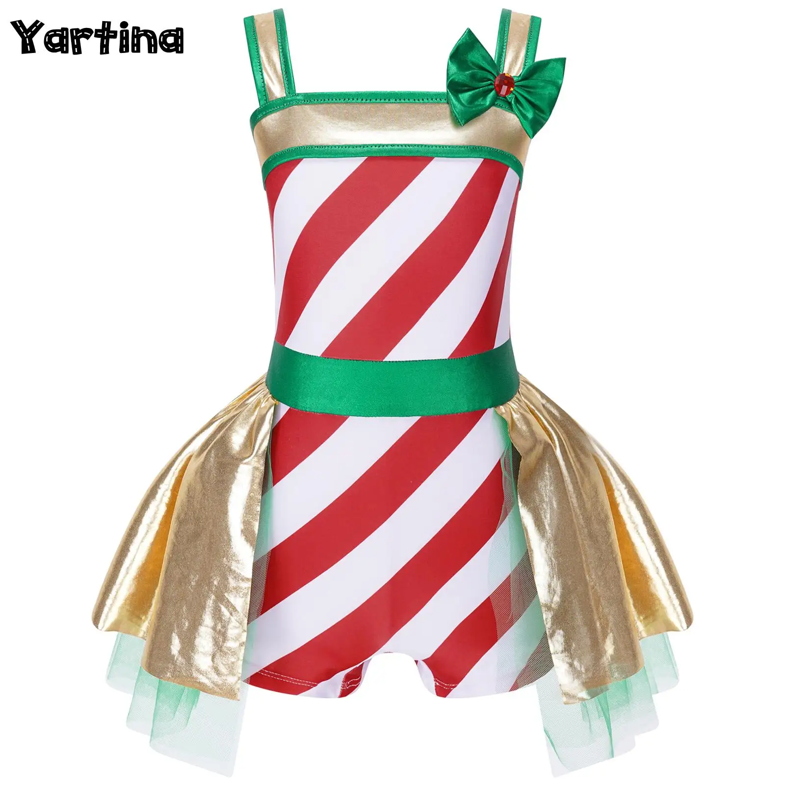 Kids Girls Christmas Elf Santa Mrs Claus Cosplay Outfit Gymnastics Ballet Dance Jumpsuit Rhinestone Bow Adorned Ruffle Skirt