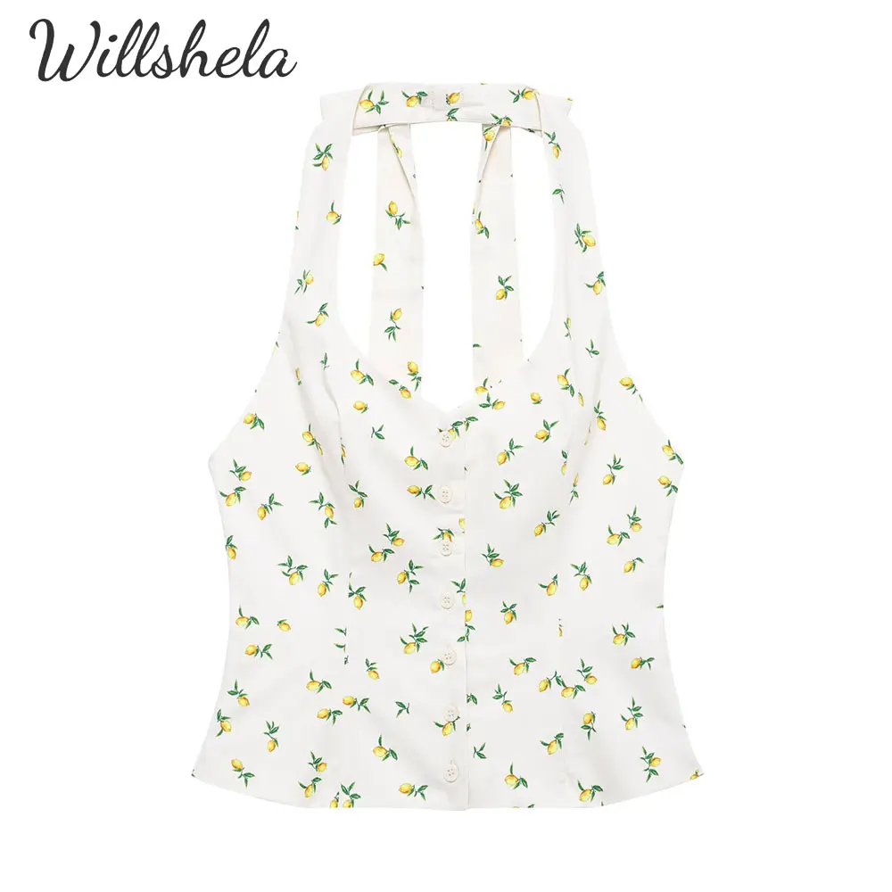 

Willshela женская мода с принтом летняя майка с лямкой на шее и открытой спиной женские шикарные женские повседневные топы майка