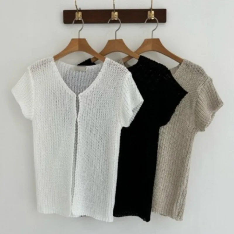 Women's Summer Slim Fit ort Sve V-Ne Open Cardigan Knitted Hollow out Design Faionable Korean Sle Outerwear Top