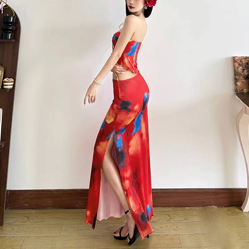 

Artistic Printed Dress And Top Set Summer 2025 Women's Fashion High Waist Floor Length Gown with Color Design