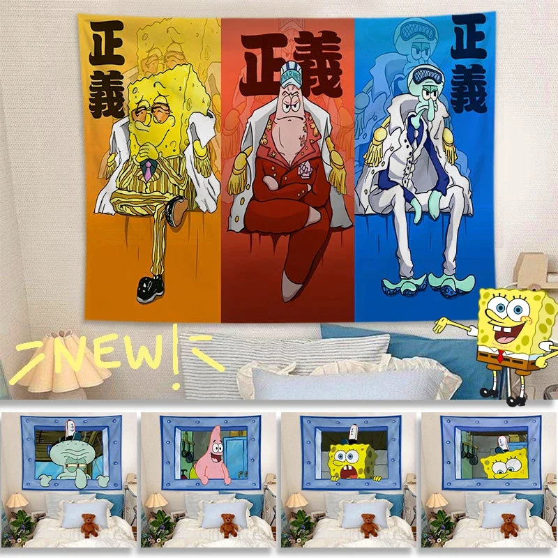 SpongeBob Tapestry Anime Wall Hanging Room Decor Cartoon Background Cloth Art Hippie Room Girls Boys Bedroom Funny Cute Tapestry