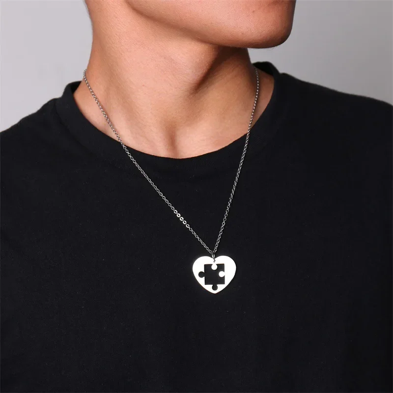 2PCS/Set Stainless Steel Puzzle Heart Shape Couple Necklace Hip Hop Punk Love Stitching Collar for Women Friendship Jewelry