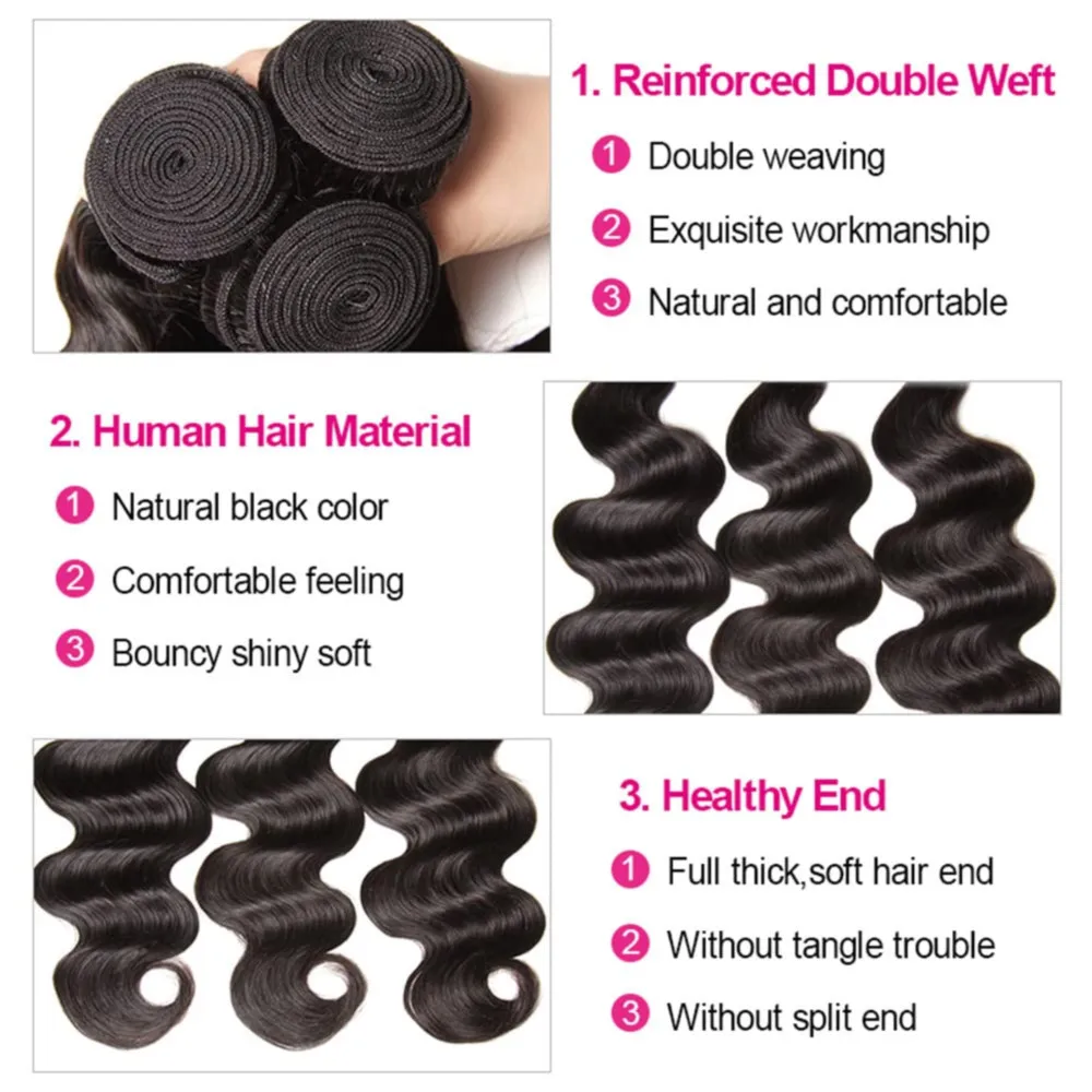 Body Wave Bundles 100% Human Hair Extensions 20 22 24 Inches Natural Black Color Brazilian Virgin Human Hair Bundles For Woman