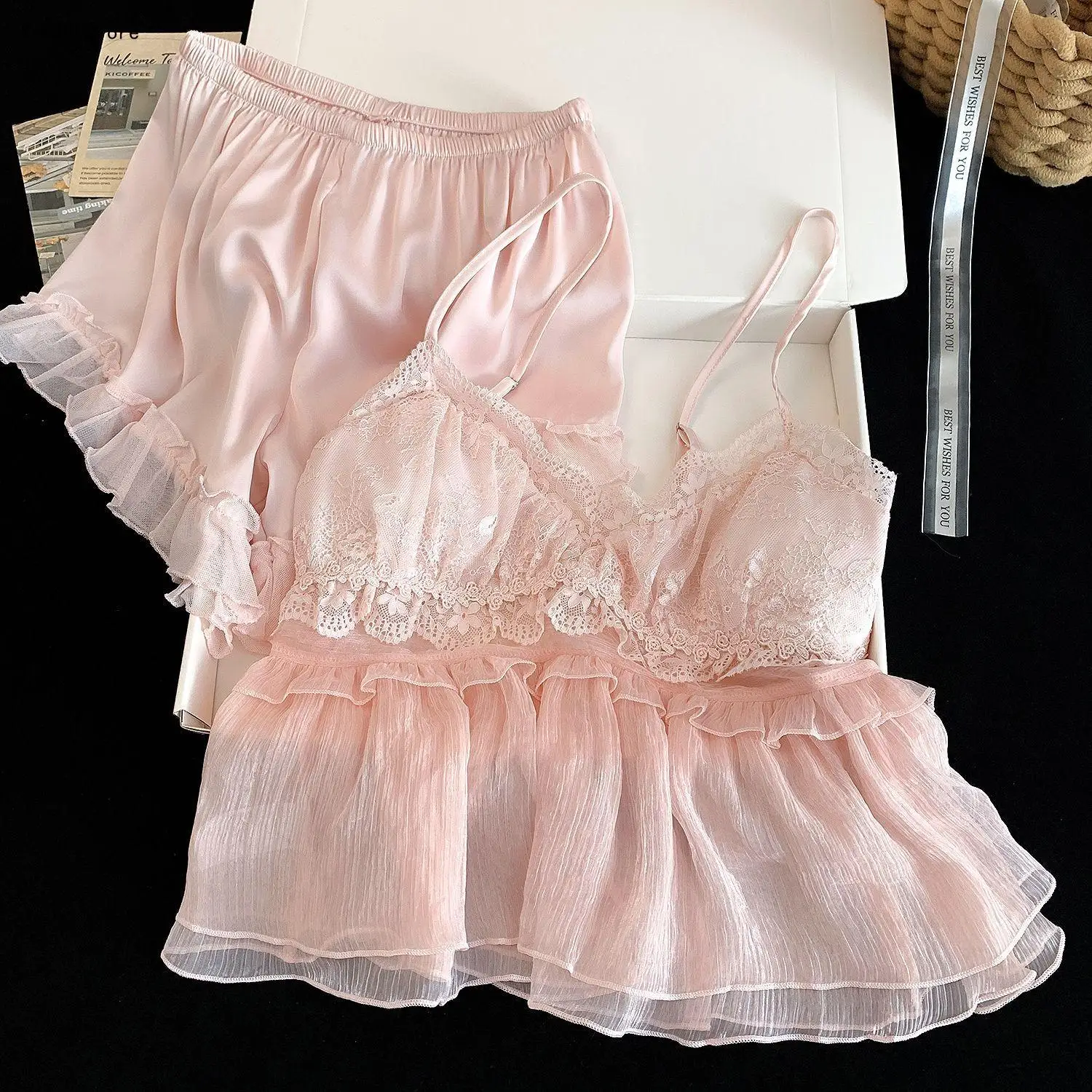 Women Summer New Ice Silk Pajama Set, Spaghetti Strap Camisole & Shorts 2 Pieces Sleepwear, Thin Smooth Home Loungewear