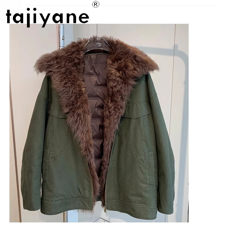 Tajiyane معطف فرو صوف الغنم الطبيعي توسكانا للنساء متوسط الطول سترة باركر بيضاء من ريش الإوز ملابس نسائية شتوية 2025 شوروبا
