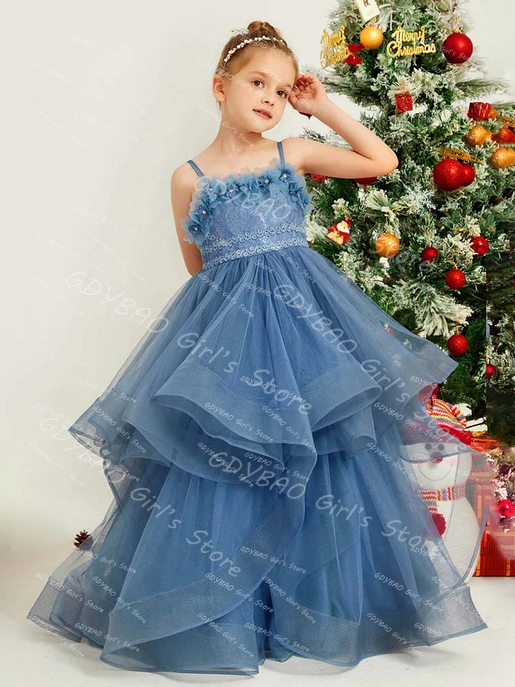 Tule em camadas vestidos da menina de flor para o casamento crianças cinta princesa pageant vestidos personalizado 3d floral renda comunhão vestido festa