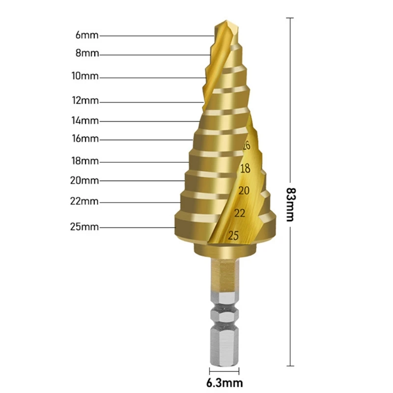 A2UD 6-25mm Punta conica a gradino a forma pagoda con codolo esagonale a spirale HSS per rivestimento in titanio per foratura