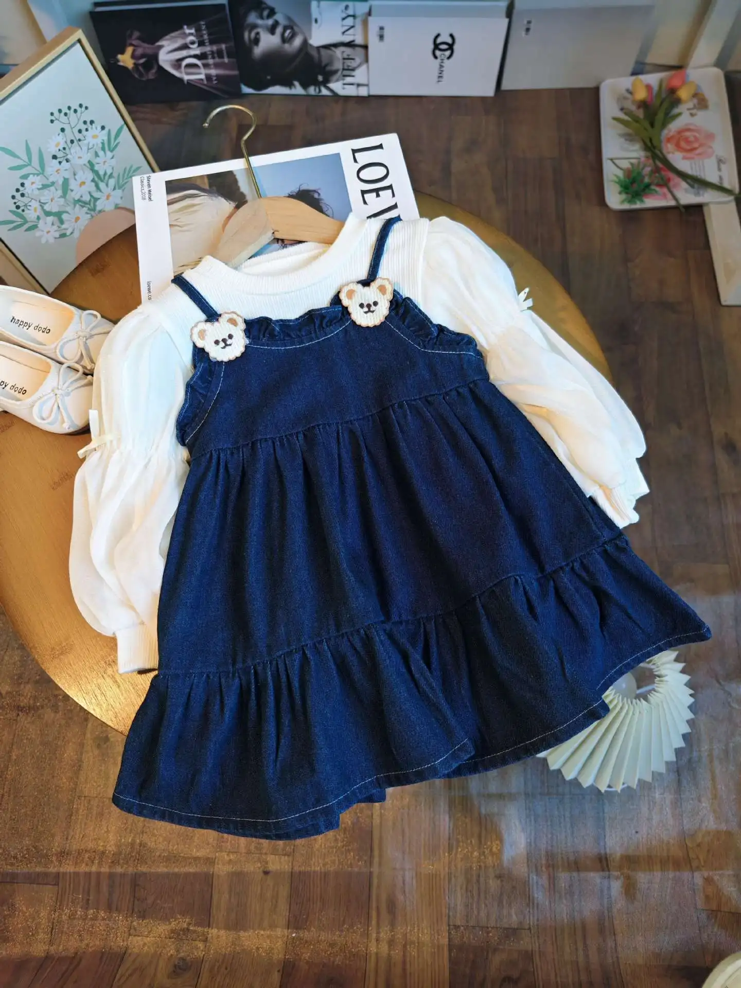 

Spring Autumn 2-Piece Set Baby Girls Cute Puffy Sleeve White Shirt + Suspenders Dress Suits Dresses Ootd Princess Girls Costume