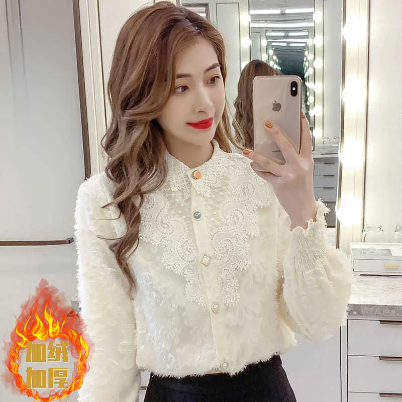 Blouse Women Top Women's Long-Sleeved Doll Collar Lace Patchwork Chiffon Shirt Autumn  Winter Blusas Mujer De Moda