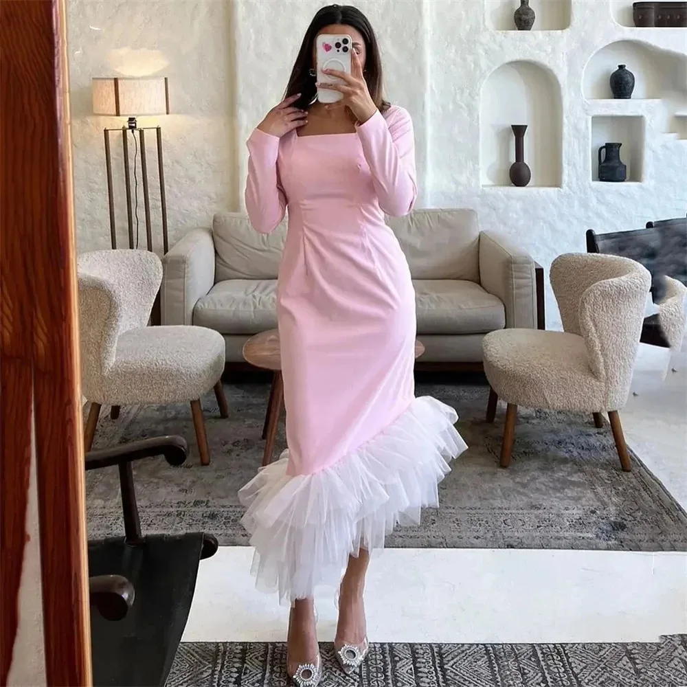 

Pink Mermiad Prom Dress 2024 Square Collar Elegant Long Sleeves Ankle-Length Tiered Tulle Evening Gown Robes De Soirée