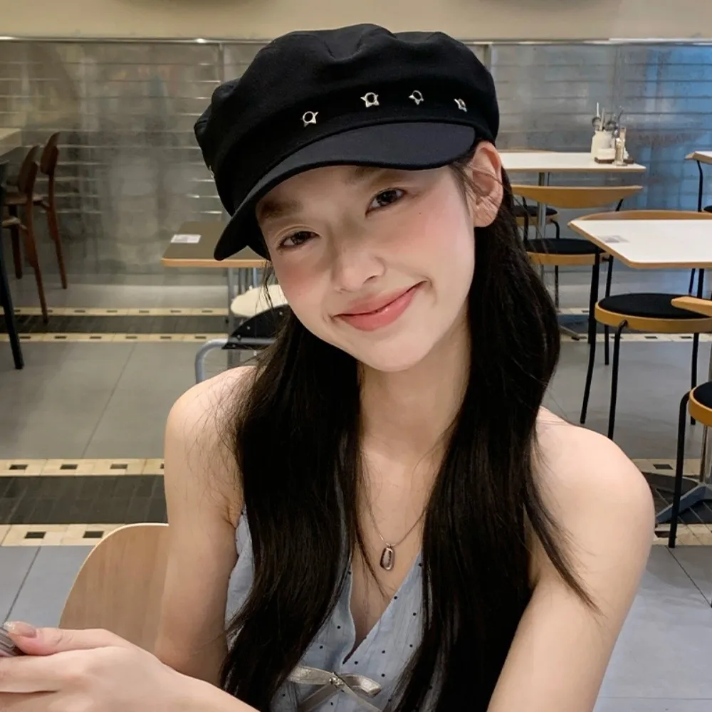 

Casual Vintage Star Hole Berets Black Versatile Octagonal Cap Women Flat Top Newsboy Hats Female