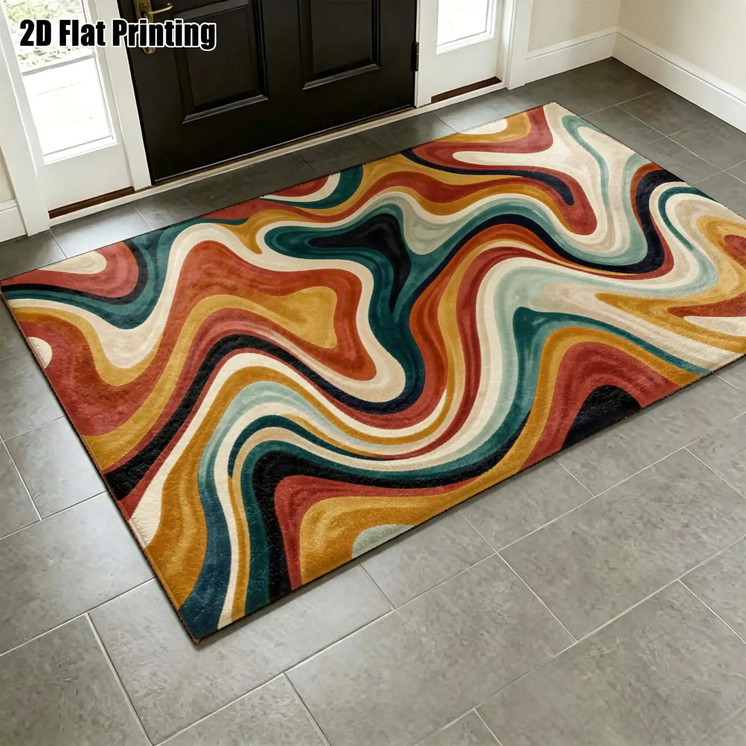 1Pc 2D Printed Retro Fluid Texture Carpet, Modern Minimalist Instagram Vintage Decor Rug, Multi-Size Machine Washable, for Entrance/Dining/Bedroom/Living Room Etc