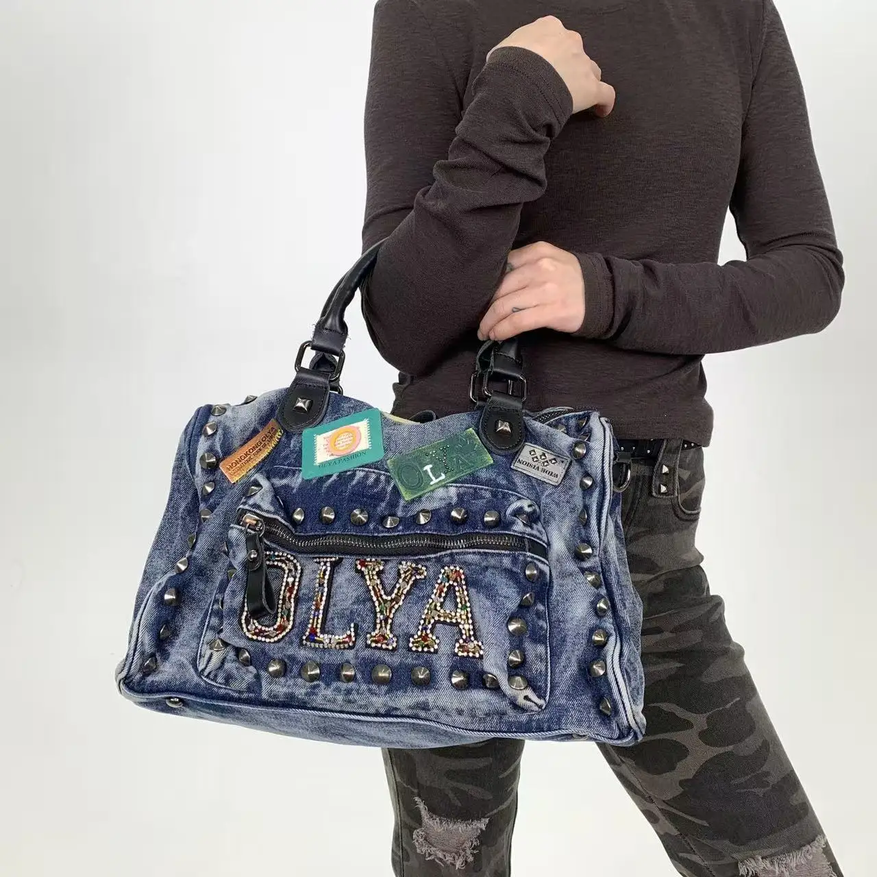 

Women's Personalized Denim Street Shoulder Bag Front Pocket Rivet Shoulder Messenger Bag Women's Bag